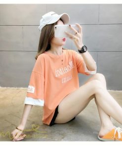 ｔシャツ・カットソー | ワイドTシャツ レディース ロング丈 5分袖 刺繍 韓国風 重ね着風 丸首 Tシャツ トップス 着痩せ 細身 カジュアル 人気 日常 上品 2021 アウトドア 夏新作 薄手