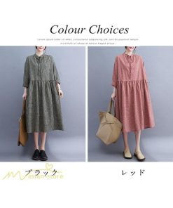 ミディアム | ワンピース ゆるワンピース レディース チェック柄 ゆったり 秋コーデ 着痩せ 体型カバー 可愛い 長袖ワンピース 大きいサイズ ポケット ひざ丈