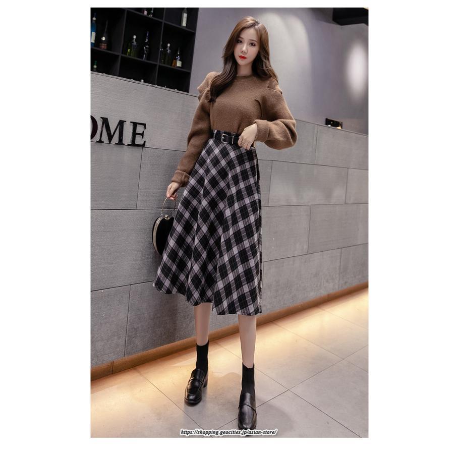 スカート | ロングミモレ レディース フレア Aライン ハイウエスト おしゃれ ゆったり ひざ下 体型カバー チェック柄 ラシャ ベルト付き 30代 20代 40代