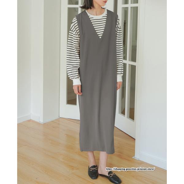 ノースリーブ | タンクワンピース 秋物 レディース ワンピース サイドポケット Vネック バックスリット入れ 20代50代 通学通勤 無地 大人 2022秋冬