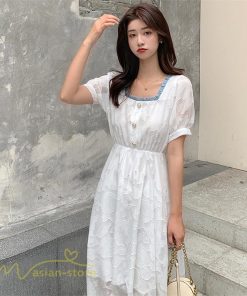 ミディアム | ワンピース レディース 着痩せ スクエアネック 上品 可愛い 半袖 ハイウエスト 透け感 Aラインワンピース 韓国風 20代 お出かけ 通勤通学 30代 きれいめ 40代