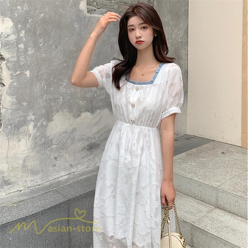 ミディアム | ワンピース レディース 着痩せ スクエアネック 上品 可愛い 半袖 ハイウエスト 透け感 Aラインワンピース 韓国風 20代 お出かけ 通勤通学 30代 きれいめ 40代