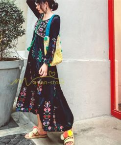 マキシ | ワンピース リゾートワンピ レディース ボヘミア風　休暇 長袖 無地 マキシ丈 復古風 上品 体型カバー  ブラック　パプール 花柄 Vネック 刺繍 ホワイト