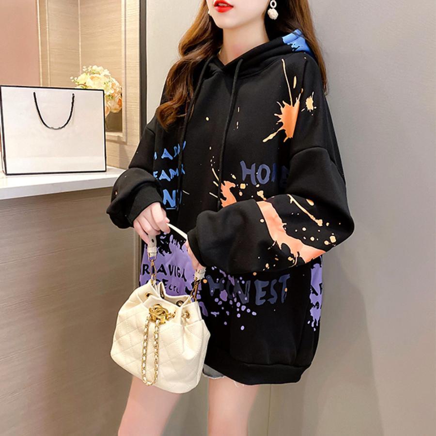 パーカ | レディース 秋冬 ペイント柄 スウェット ポケット付き 韓国風 長袖トレーナー 裏起毛 フード付き おしゃれ パーカー プルオーバー