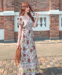 マキシ | ワンピース レディース ワンピ ロングワンピ ロング コットン ゆったり 夏 リゾート サマードレス かわいい 大人 Vネック オトナ 着痩せ レトロ 個性的