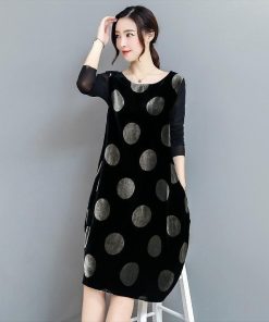 ミディアム | ワンピース 膝丈ワンピース 体型カバーワンピ 長袖 Aラインワンピース ゆったり カジュアル ドッド柄 通学通勤 オフィス M〜XXXL おしゃれ 2020春