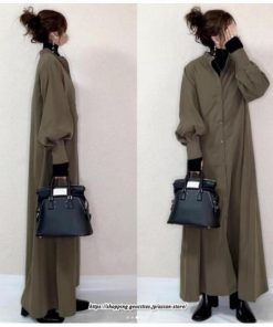 シャツワンピース | ロングパフスリーブ 長袖 フレア Aラインワンピース レディース 秋物 ワンピース 無地 羽織り ロングシャツ 無地 ゆったり