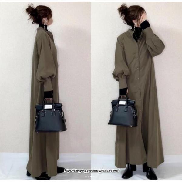 シャツワンピース | ロングパフスリーブ 長袖 フレア Aラインワンピース レディース 秋物 ワンピース 無地 羽織り ロングシャツ 無地 ゆったり