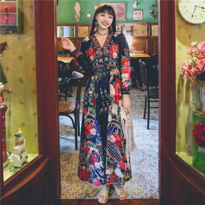 マキシ | マキシワンピース レディース ロング丈 大人 ワンピ 花柄 夏秋 Vネック カジュアル 着やせ きれいめ 撮影 人気 二次会 パーティー 通気 ゆったり 夏秋服