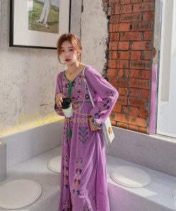 マキシ | ワンピース リゾートワンピ レディース ボヘミア風　休暇 長袖 無地 マキシ丈 復古風 上品 体型カバー  ブラック　パプール 花柄 Vネック 刺繍 ホワイト