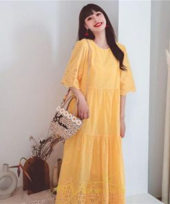 マキシ | ワンピース レース 丸首 刺繍 ロングワンピース レディース 夏秋 結婚式 きれいめ フォーマル 大人 上品 綿麻 白 黄色 コットン ピンク かわいい リネン