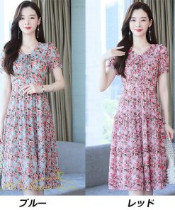 ミディアム | ワンピース レディース Aライン カジュアル Vネック サマー 半袖 ひざ丈 ミディアムワンピース 大きいサイズ 上品 花柄 着痩せ サマーワンピース 夏服