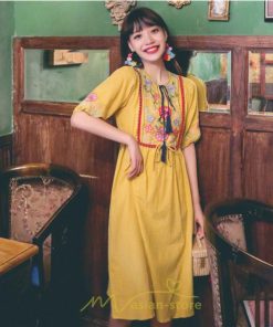 マキシ | ワンピース レディース 刺繍 綿麻 レトロ調 インスタ映え ナチュラル エスニック風 民族風 ボヘミアン 柔らかい SNS映え リゾート 赤 黄色 撮影 白