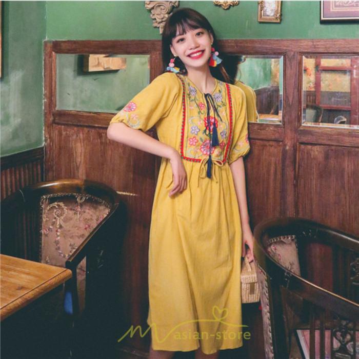 マキシ | ワンピース レディース 刺繍 綿麻 レトロ調 インスタ映え ナチュラル エスニック風 民族風 ボヘミアン 柔らかい SNS映え リゾート 赤 黄色 撮影 白