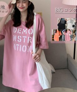 Tシャツ・カットソー | ラウンドネック カットソー 半袖 ロゴｔシャツ ロング トップス 体型カバー レディース 英字プリントtシャツワンピース ゆったり