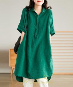 送料無料SALE | ワンピース 夏シャツ レディース 五分袖 シャツワンピース 綿麻 無地 プルオーバー 体型カバー ゆったり 大きめ 夏服 ポケット 30代40代 膝丈 おしゃれ 前後差