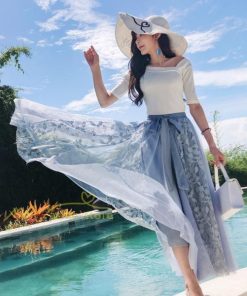 スカート | フレア チュールレディース ロングウエストゴム 春夏 リボン マキシ ドッキング 20代30代40代 着痩せ カジュアル お出かけ