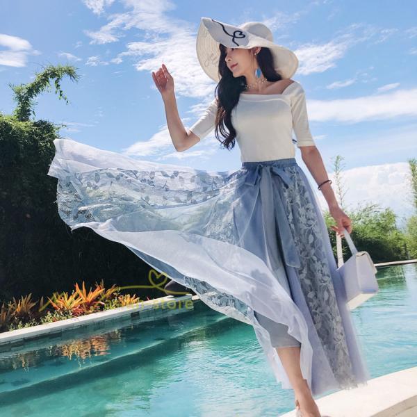 スカート | フレア チュールレディース ロングウエストゴム 春夏 リボン マキシ ドッキング 20代30代40代 着痩せ カジュアル お出かけ