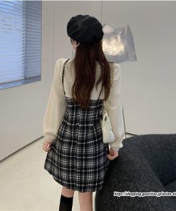 ミニ丈 | チェック柄ワンピース 膝上丈 長袖 切り替え フェイクレイヤード Aラインワンピース スリム 通学通勤 可愛い ミニワンピース ワンピ 低身長 ワンピース 秋物