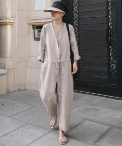 オーバーオール サロペット | オールインワン レディース 初秋 サロペット 着痩せ 9分丈パンツ 20代 30代 Vネック 無地 春 夏 秋 フリーサイズ 50代 シンプル 40代 長袖 リネン混 きれいめ