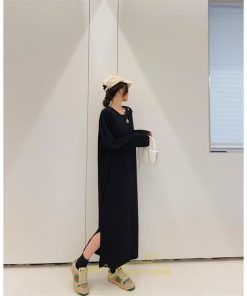 マキシ | 秋ワンピース 黒ワンピース ロングワンピース 秋物 レディース ワンピース 長袖ワンピース 30代40代 裾スリット 着痩せ 秋服 大人 通学通勤 無地 大きいサイズ
