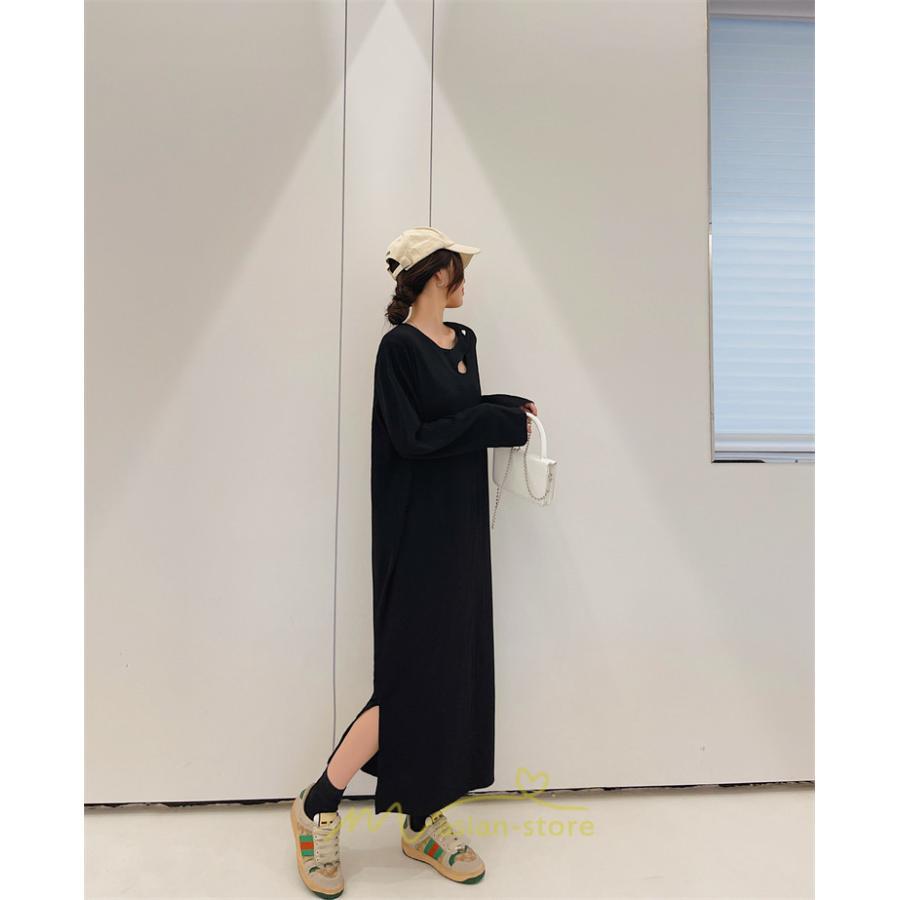 マキシ | 秋ワンピース 黒ワンピース ロングワンピース 秋物 レディース ワンピース 長袖ワンピース 30代40代 裾スリット 着痩せ 秋服 大人 通学通勤 無地 大きいサイズ