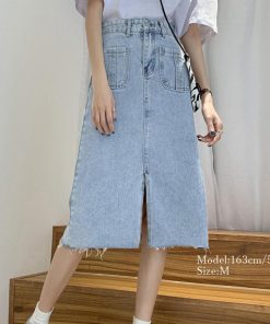 ひざ丈スカート | 膝下丈 デニムスカート レディース Aライン カジュアル ボトムス 裾フリンジ スリット