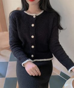 ニット・セーター | アウター Uネック パールボタン付き レディース 無地 ニットカーディガン 長袖 ショートニット ニットトップス