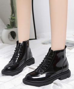 ショートブーツ | ラウンドトゥレディース サイドファスナー レースアップ 厚底シューズ 滑り止めソール チャンキーヒール 太ヒール シューズ ブーツ 厚底 黒