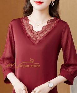 tシャツ・カットソー | Tシャツ レディース 7分袖 七分袖 カジュアル Vネック おしゃれ 女性用 シンプル 無地 ブラック 着痩せ レース付き シフォンシャツ 母の日 20代30代40代50代