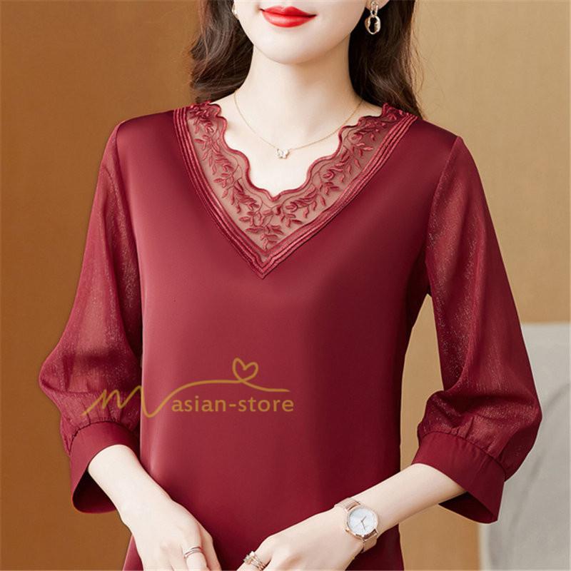 tシャツ・カットソー | Tシャツ レディース 7分袖 七分袖 カジュアル Vネック おしゃれ 女性用 シンプル 無地 ブラック 着痩せ レース付き シフォンシャツ 母の日 20代30代40代50代