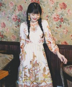 ミニ丈 | ワンピース ひざ丈 膝上 白 青 レトロ風 花柄 かわいい 着映え 着痩せ 長袖 ゆったり 大人っぽ 普段使い 旅行 きれいめ リゾート お出かけ 部屋着  SNS映え