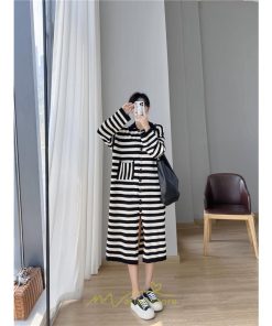 ニットワンピース | ワンピース 秋 秋服 レディース ニット ロングワンピース ロング 長袖 大きいサイズ ゆったり ボーダー柄 スリット お出かけ 部屋着 休日 韓国風 カジュアル