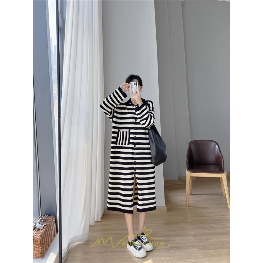 ニットワンピース | ワンピース 秋 秋服 レディース ニット ロングワンピース ロング 長袖 大きいサイズ ゆったり ボーダー柄 スリット お出かけ 部屋着 休日 韓国風 カジュアル