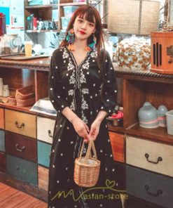 マキシ | ワンピース 七分袖 春夏秋 ロング丈 コットン 大人可愛い  ゆったり 柔らかい シンプル カジュアル ナチュラル 旅行 Aライン エスニック 着痩せ 刺繍 リゾート