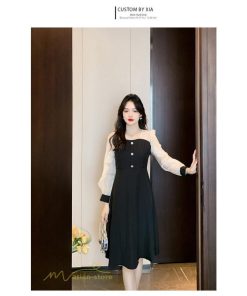 ミディアム | Aラインワンピース 切り替えワンピース 秋コーデ レディース 長袖 膝丈ワンピース 美ライン シルエット 無地 フォーマル 黒ワンピース お呼ばれ オフィス