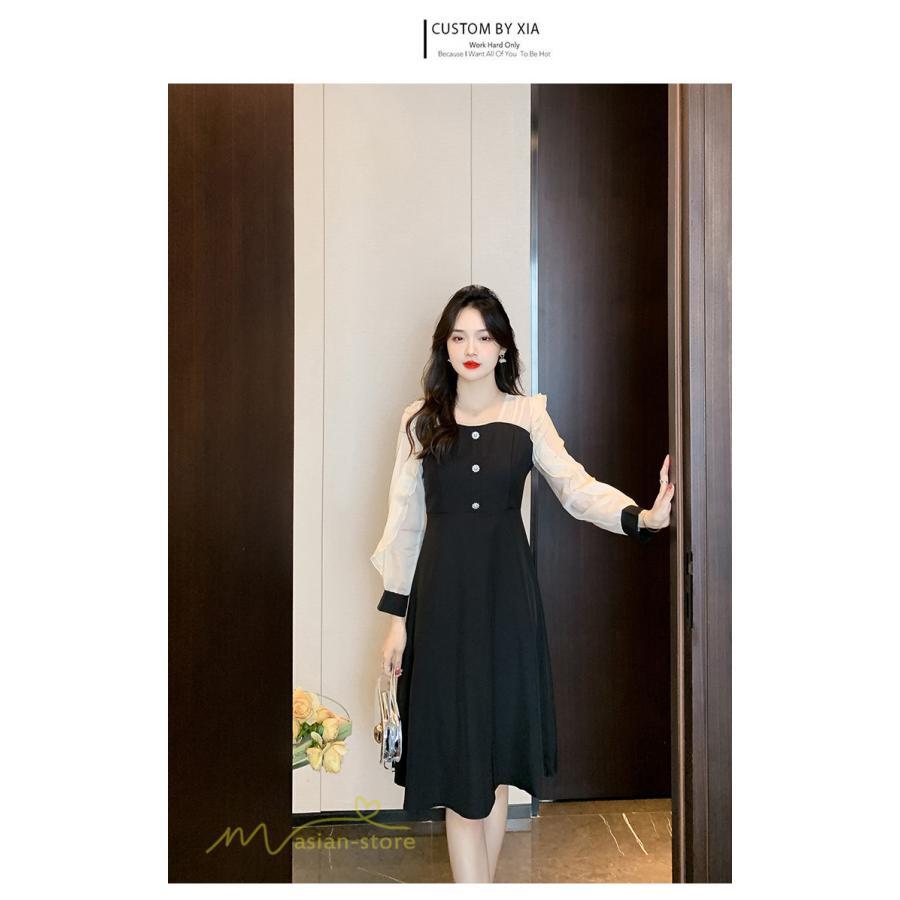 ミディアム | Aラインワンピース 切り替えワンピース 秋コーデ レディース 長袖 膝丈ワンピース 美ライン シルエット 無地 フォーマル 黒ワンピース お呼ばれ オフィス