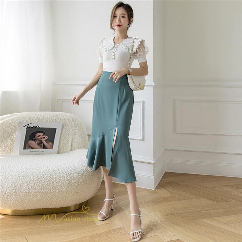 スカート | マーメイドボトムス レディース きれいめ 春 夏 無地 オフィス おしゃれ ミモレ丈 フォーマル 通勤 韓国風 ハイウエスト スリット エレガント 40代