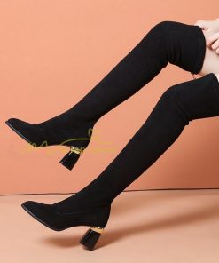 ロングブーツ | ニーハイブーツ スエード調 美脚 秋冬 ストレッチ チャンキーヒール 太ヒール レディース 走れる 黒 美脚 無地 ブーツ ハイヒール