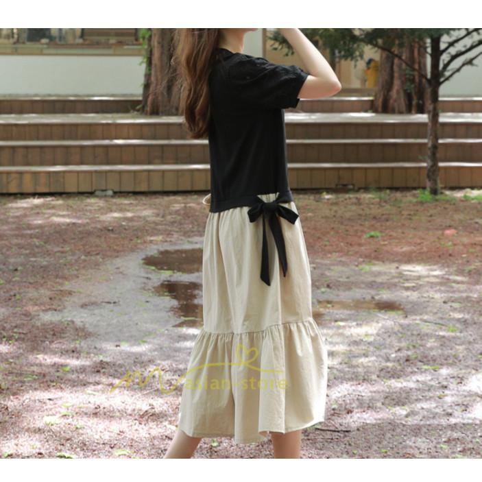 マキシ | 新作 ワンピース ロング丈 半袖 ロンTワンピース 夏ワンピ ロング丈 レイヤード風 異素材切替 ラウンドネック 体型カバー 無地 ゆったり 着痩せ 40代 50代 30代