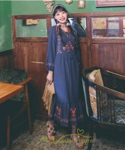 マキシ | ロングワンピース 長袖 花柄 フレア エスニック風 民族風 レトロ調 刺繍 綿麻 リゾート 旅行 レジャー お出かけ 外出 華奢魅せ 着痩せ 女子会 Vネック 同窓会