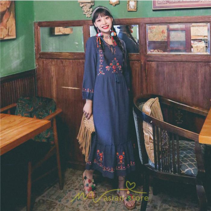 マキシ | ロングワンピース 長袖 花柄 フレア エスニック風 民族風 レトロ調 刺繍 綿麻 リゾート 旅行 レジャー お出かけ 外出 華奢魅せ 着痩せ 女子会 Vネック 同窓会