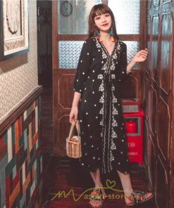 マキシ | ワンピース 七分袖 春夏秋 ロング丈 コットン 大人可愛い  ゆったり 柔らかい シンプル カジュアル ナチュラル 旅行 Aライン エスニック 着痩せ 刺繍 リゾート