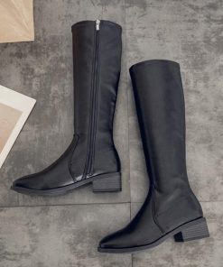 ニーハイブーツ | レディース スクエアトゥ レザー調 春秋冬 ロング丈 美脚 ローヒール 合皮 大人