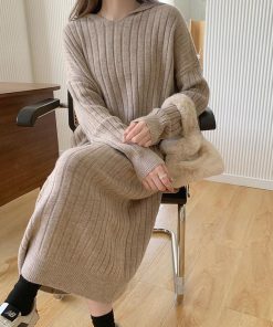 ニットワンピース | ワンピース 秋冬 太めリブニット ロングワンピース ミモレ丈 無地 フード付き 帽子 ストレッチ 大人 セーター 50代 長袖 20代30代 アウター