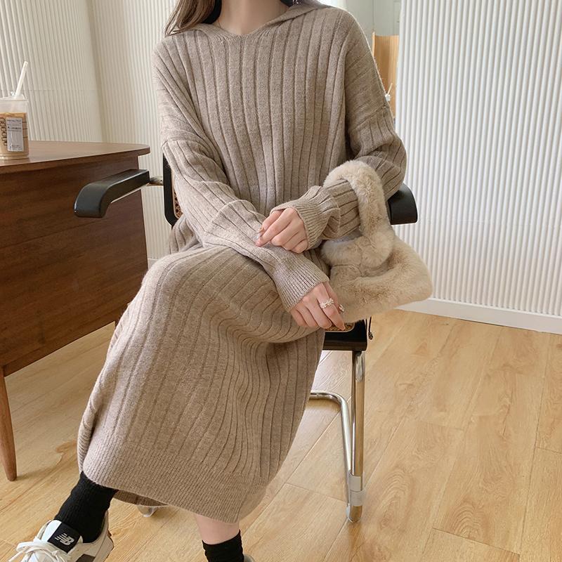 ニットワンピース | ワンピース 秋冬 太めリブニット ロングワンピース ミモレ丈 無地 フード付き 帽子 ストレッチ 大人 セーター 50代 長袖 20代30代 アウター