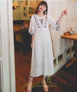 マキシ | ワンピース トップス ロング ロングワンピース 綿麻 夏秋 レディース 大人 おしゃれ シンプル ナチュラル カジュアル 刺繍 花柄 丸首 華やか 上品