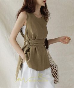 シャツ・ブラウス | ブラウス トップス ノースリーブ レディース tシャツ タンクトップ ベルト付き 広い裾 フレア裾 涼しい 涼感 体型カバー ゆったり 綿麻 夏 おしゃれ 大人 無地