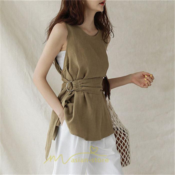 シャツ・ブラウス | ブラウス トップス ノースリーブ レディース tシャツ タンクトップ ベルト付き 広い裾 フレア裾 涼しい 涼感 体型カバー ゆったり 綿麻 夏 おしゃれ 大人 無地