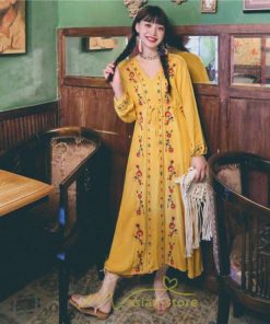 マキシ | ワンピース レディース ロング丈 サマードレス 花柄 リゾートワンピ Aライン 長袖 体型カバー ママ 大人 ゆったり 夏秋 Ｖネック 着痩せ 綿麻 刺繍 旅行 SNS映え